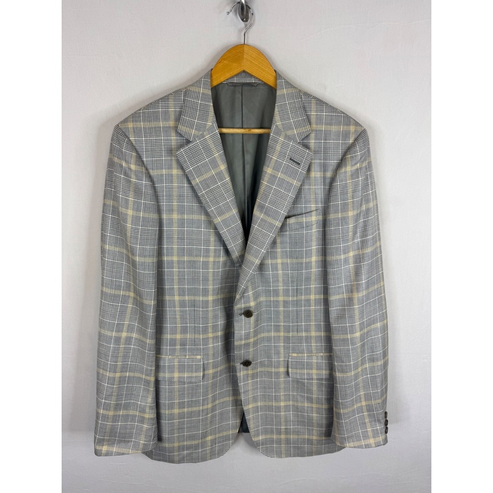 Canali Mens Grey Glen Plaid Wool Silk Linen Blazer Sport Coat Italy 44L Tall
